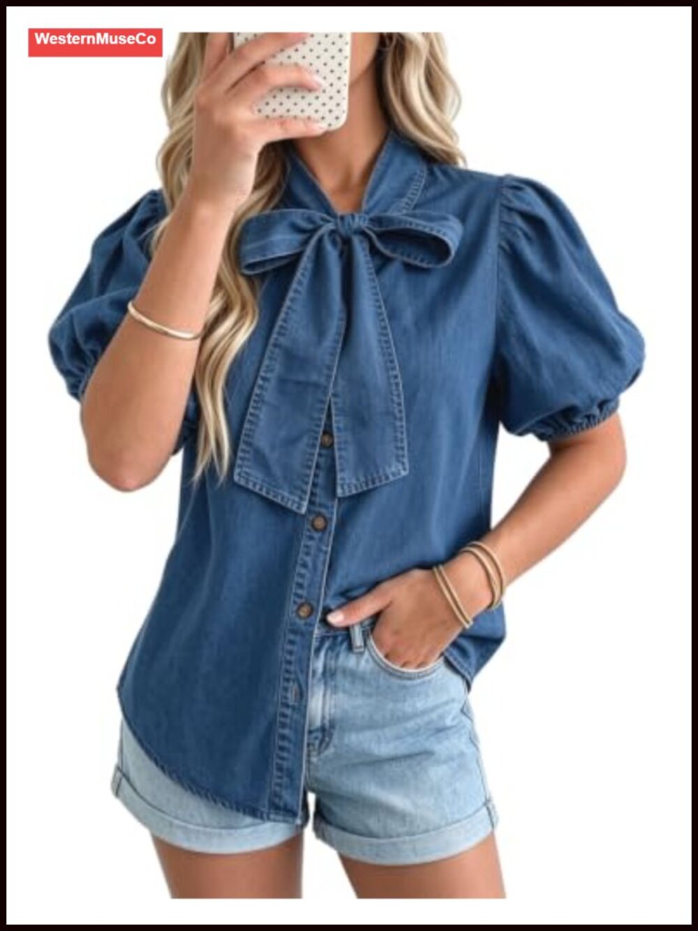 Women's Denim Shirt Short Sleeve Button Down Tie Front Denim Top